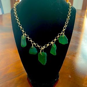 Wave to Her Emerald Green Natural Sea Glass Pendant Handmade Gold Necklace